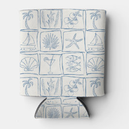 Enfriador De Latas Whimsical Coastal Mediterranean Tile Linen Cobalt