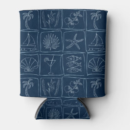 Enfriador De Latas Whimsical Coastal Mediterranean Tile Nautical Navy