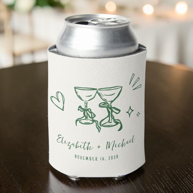 Enfriador De Latas Whimsical Hand Drawn Romantic Green Cream Wedding (Whimsical Hand Drawn Romantic Green Cream Wedding Can Cooler)