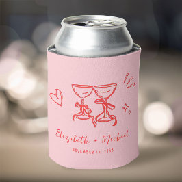 Enfriador De Latas Whimsical Hand Drawn Romantic Pink Red Wedding