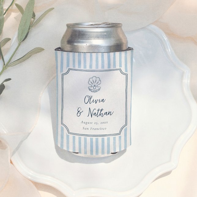 Enfriador De Latas Whimsical Handdrawn Retro Blue Stripes Wedding (Subido por el creador)