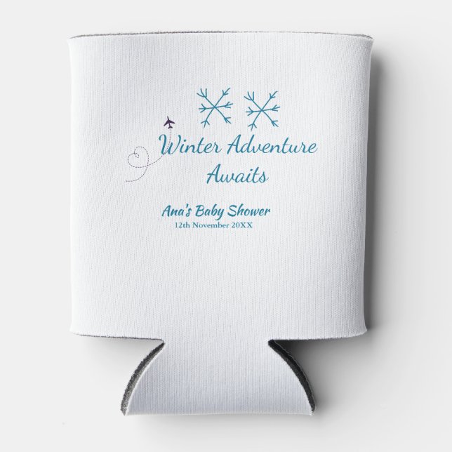 Enfriador De Latas Winter Adventure awaits baby shower blue snowflake (Anverso)