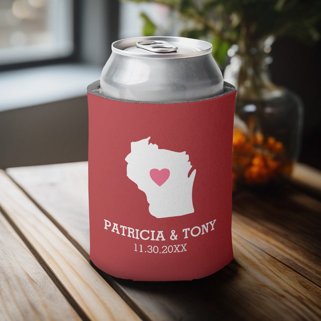 Enfriador De Latas Wisconsin Map Home State Love with Optional Heart (Celebrate with a personalized can cooler - add your name or monogram. Great party favor or gift)