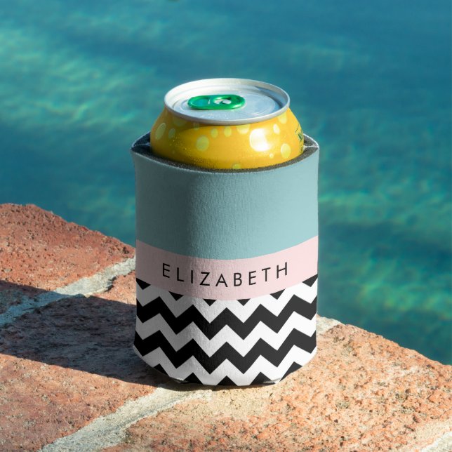 Enfriador De Latas Zigzag negro y blanco, chevron, azul, tu nombre (Piscina in situ)