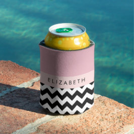 Enfriador De Latas Zigzag negro y blanco, chevron, rosado, tu nombre