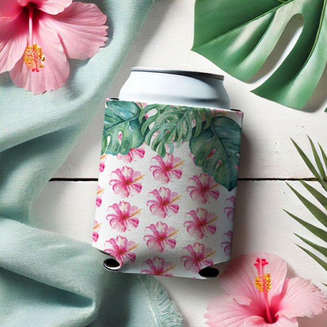 Enfriadores de Latas de Bebida Flores Tropicales R (Can cooler tropical pink hibiscus flowers and monstera palm leaf watercolor art Victoria Grigaliunas)