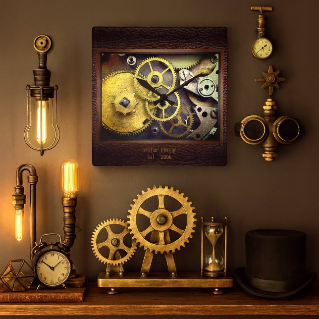 Engranajes personalizados con reloj de pared de cu (Steampunk gear wall clock with personalized family name and date industrial  vintage elegance)