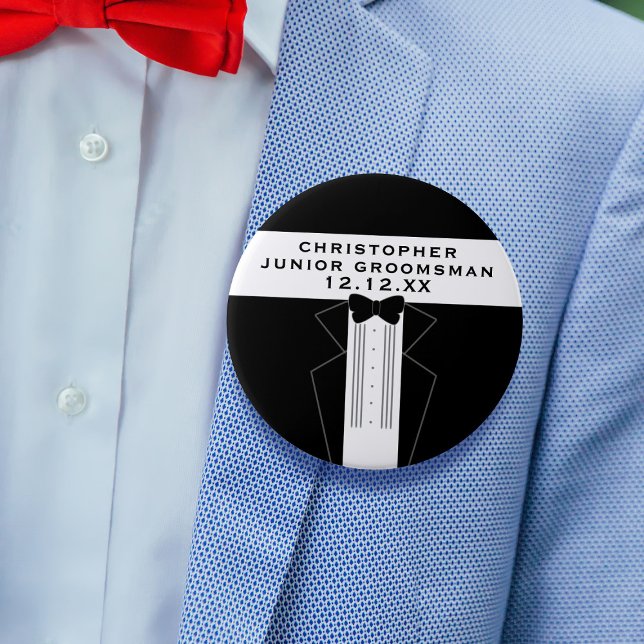 Enorme botón de fiesta de bodas de Tuxedo Groomsma (A big pin button to attach to any member of your wedding party. Just add their name and your wedding)