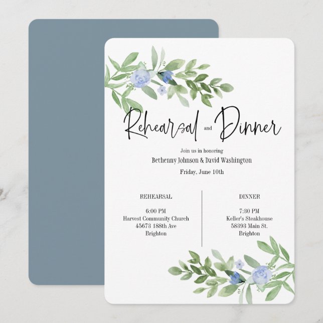 Ensayo Floral Azul E Invitación A La Cena (Anverso / Reverso)