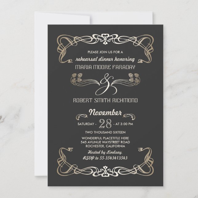 Ensayos Invitaciones a la cena Art Deco Gold (Anverso)