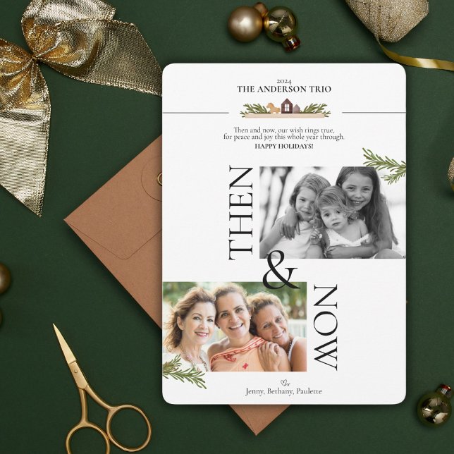 Entonces y ahora tarjeta fotográfica de vacaciones (Friends and family will be smiling ear to ear with this 'Then and Now' holiday Christmas card)