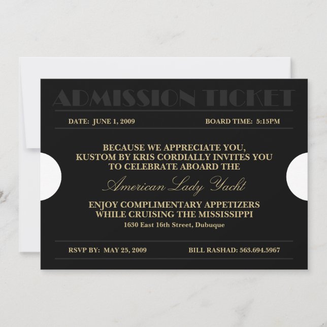 Entrada de entrada de oro 5x7 Invitaciones (Anverso)