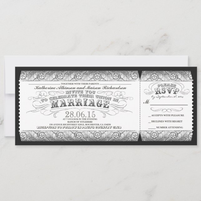 entrada de invitación de boda blanca y gris negra (Anverso)