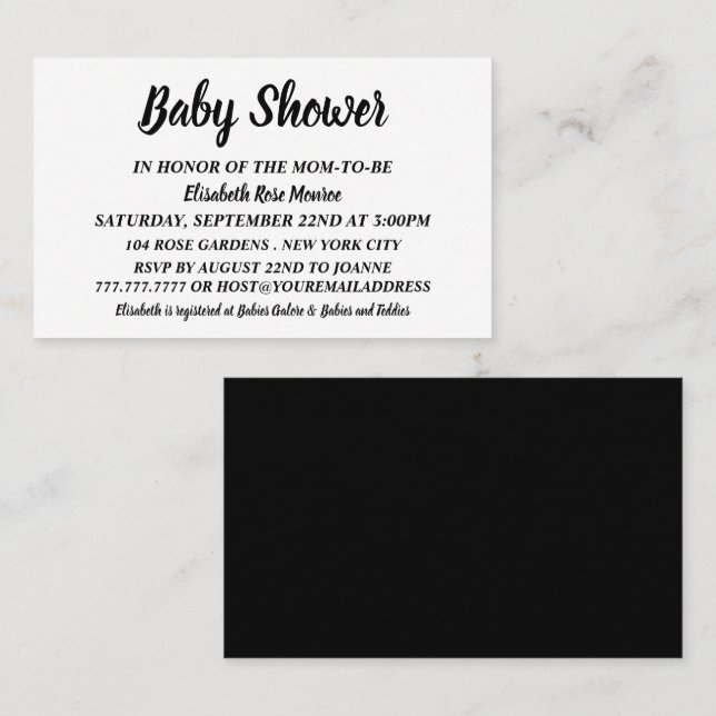 Entradas Baby Shower simples y modernas, en negro  (Anverso / Reverso)