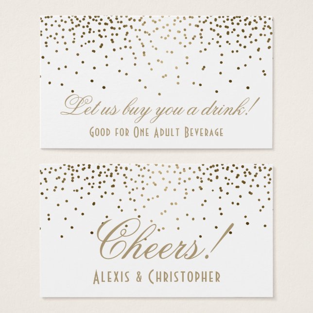 Entradas de bebida de boda con confeti dorado blan (Anverso y reverso)