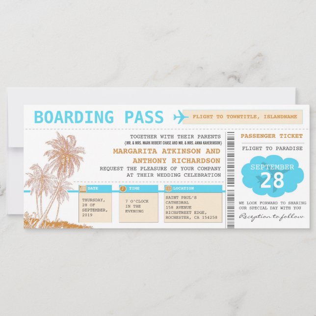 entradas de boda de destino de la tarjeta de embar (Anverso)