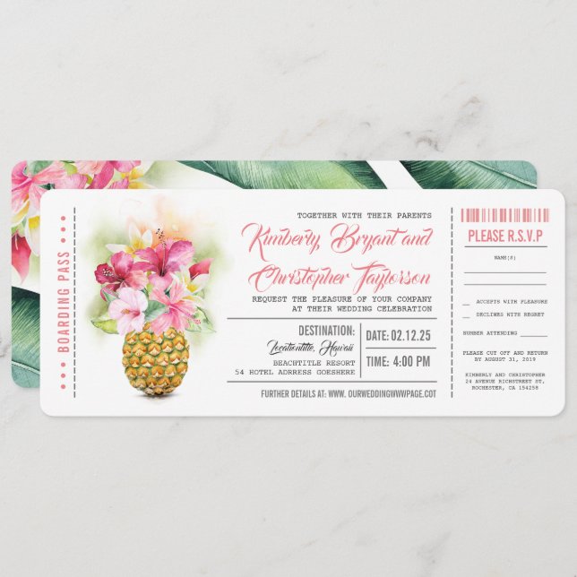 Entradas de Boda de piña floral de tarjeta de emba (Anverso / Reverso)