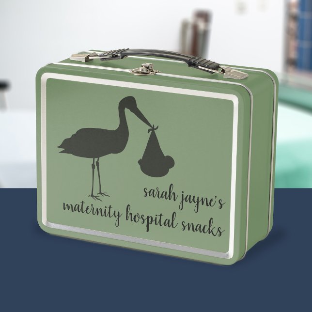 Entrega de cigüeñas mamá será retro caja de almuer (Perfect lunch box for your hospital snacks. Just add your name. Makes a fun gift for the mom to be)