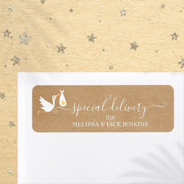 Entrega Especial Rústica Etiqueta de Dirección de  (Rustic Special Delivery Baby Stork Return Address Label)
