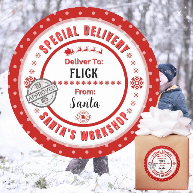 Entrega especial Santa a etiqueta roja brillante p (Personalize with a name. Recommend 3", matte, if you choose to write in names. Avail in many colors.)