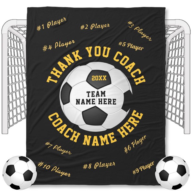 Entrenador de fútbol presente en tu manta de fútbo (Black and Gold, Personalized, Gifts for Soccer Coaches. Soccer Coach gifts with all Players Names.)