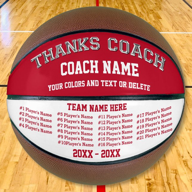 Entrenador rojo y blanco - Pelota personalizada de (Personalised, Coach Basketball with All Players Names. Personalized Coach Gift Ideas. Red and White.)