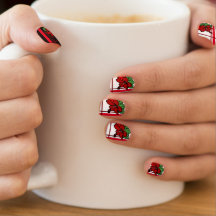 B&W Mix Red Hibiscus Short Nail Art