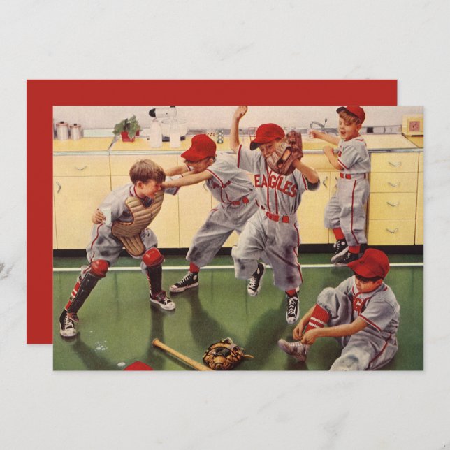 Equipo de béisbol vintage, chicos jugando bruscame (Anverso / Reverso)