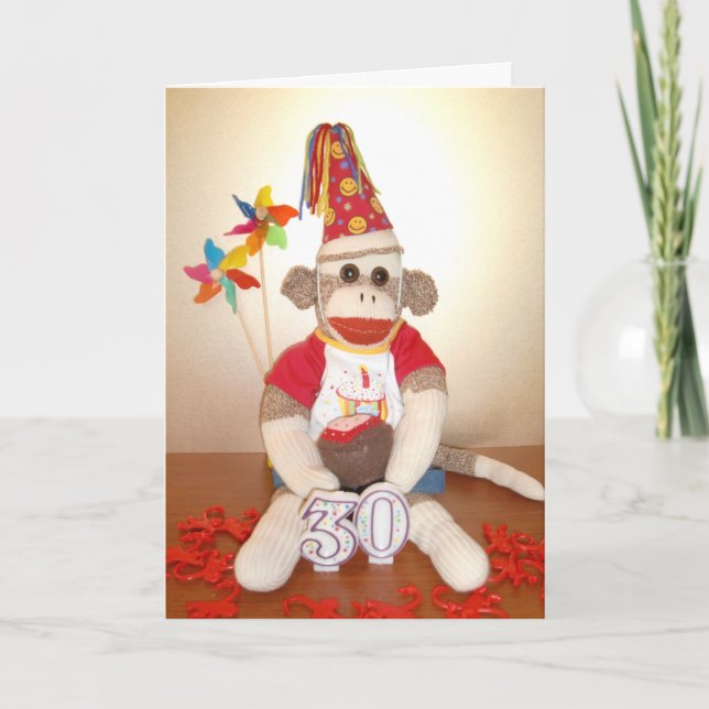 Ernie tarjeta de cumpleaños del mono del calcetín (Anverso)