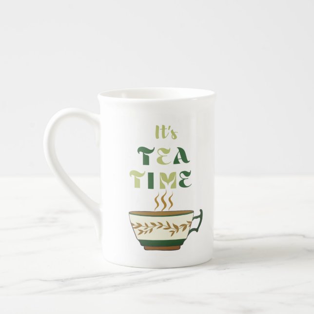 Es el momento del té con taza de té y texto. (Izquierda)