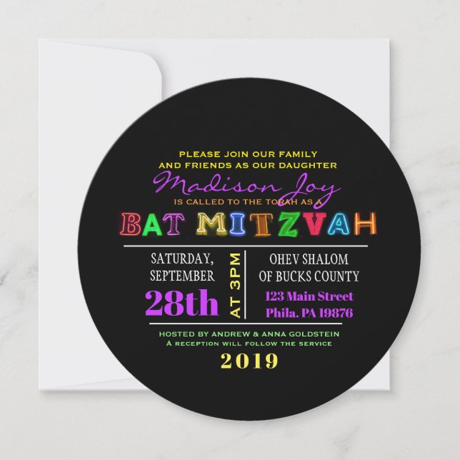 ¡ES ELÉCTRICO! Invitación a Mitzvah del NEON GLOW  (Anverso)