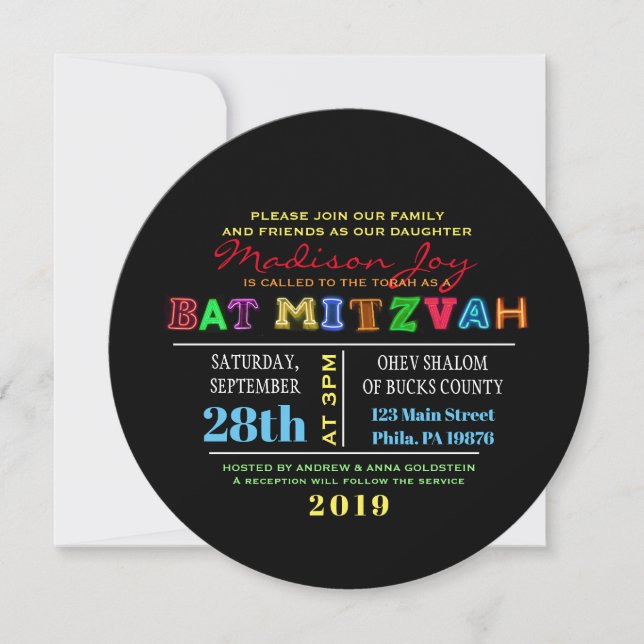 ¡ES ELÉCTRICO! Invitación a Mitzvah del NEON GLOW  (Anverso)