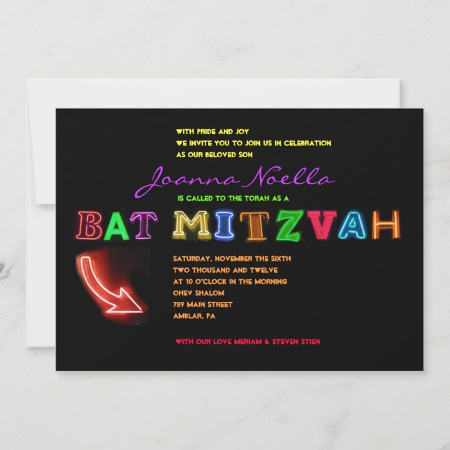 ¡ES ELÉCTRICO!  Invitación a NEON RÓTULO Bat Mitzv (Anverso)