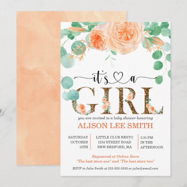 Es un Baby Shower chica, verde azulado botánico y  (Anverso / Reverso)