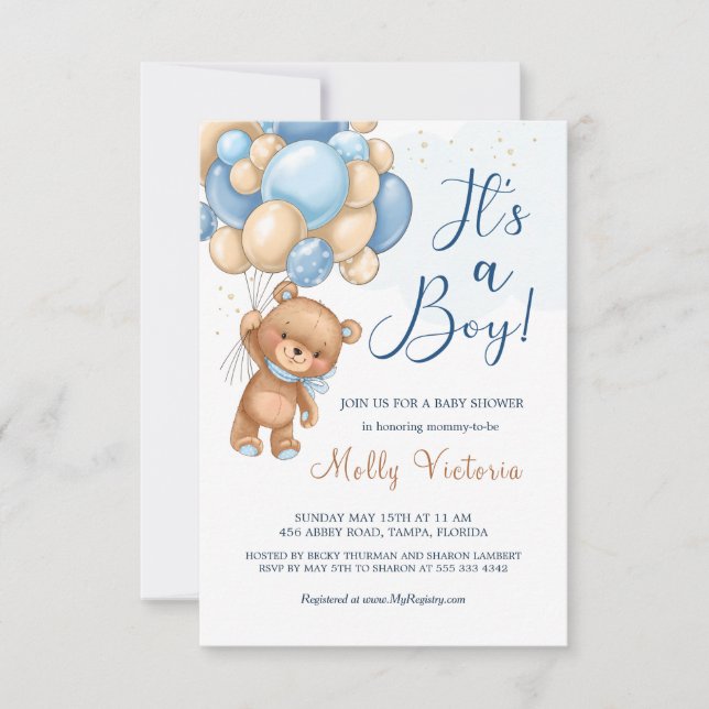 Es un Baby Shower de globos de oso de niño (Anverso)