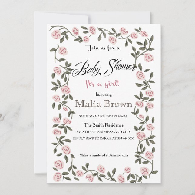 ¡Es un Chica! Invitación de Baby Shower: Rosas~ (Anverso)
