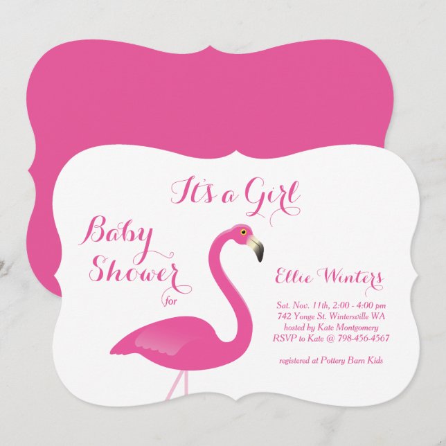 Es un Chica - Invitación de Flamingo en Baby Showe (Anverso / Reverso)
