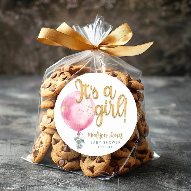 Es un Chica Pegatina de Baby Shower con globos ros (Its a girl baby shower favor sticker)