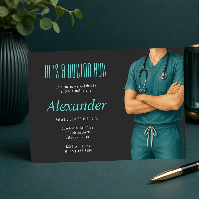 Es un médico ahora Invitación de foto (He’s a Doctor Now invitation, modern teal medical graduation party design)