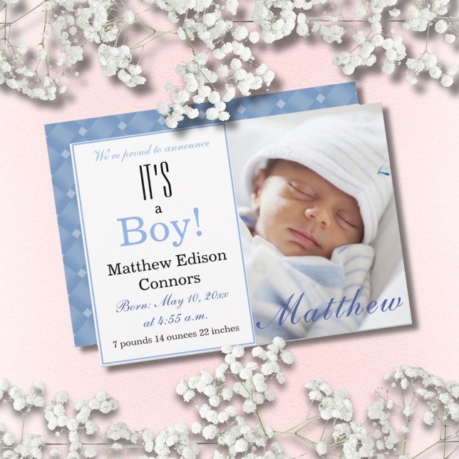 ¡Es un niño! Anuncio de nacimiento del bebé azul (It's a Boy! Blue Baby Birth Announcement Photo Card
)