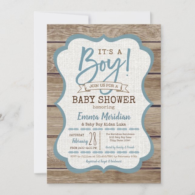 ¡Es un niño! Invitación a Baby Shower de Rustic Wo (Anverso)