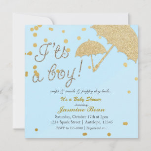 ES UN NIÑO Invitación de Baby Shower Azul y Dorado
