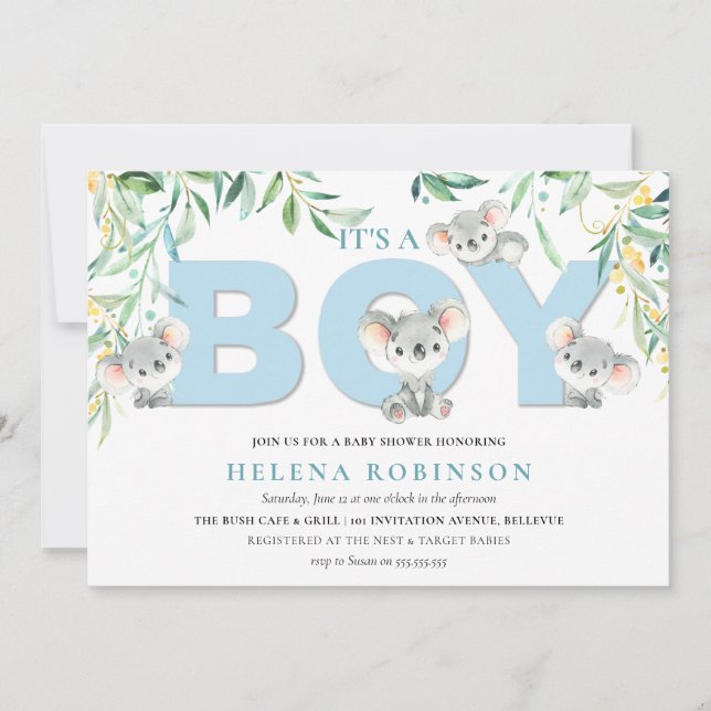 Es un niño Koala bebés invitaciones a duchas (Anverso)