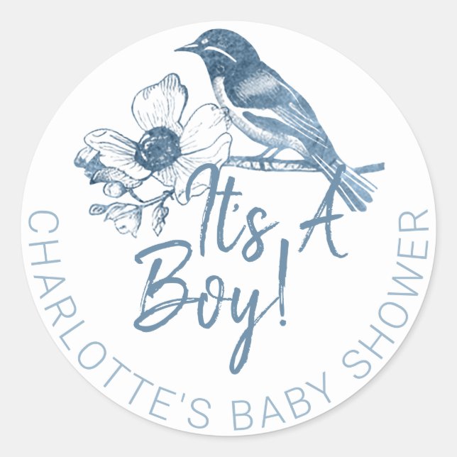 Es un niño Pegatina de Baby Shower - Pájaro azul t (Anverso)