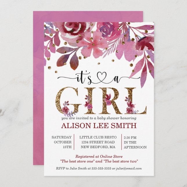 Es una Chica Lila y Gold Confetti Baby Shower (Anverso / Reverso)