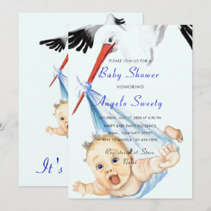Es una cigüeña que lleva una invitación a Baby Sho