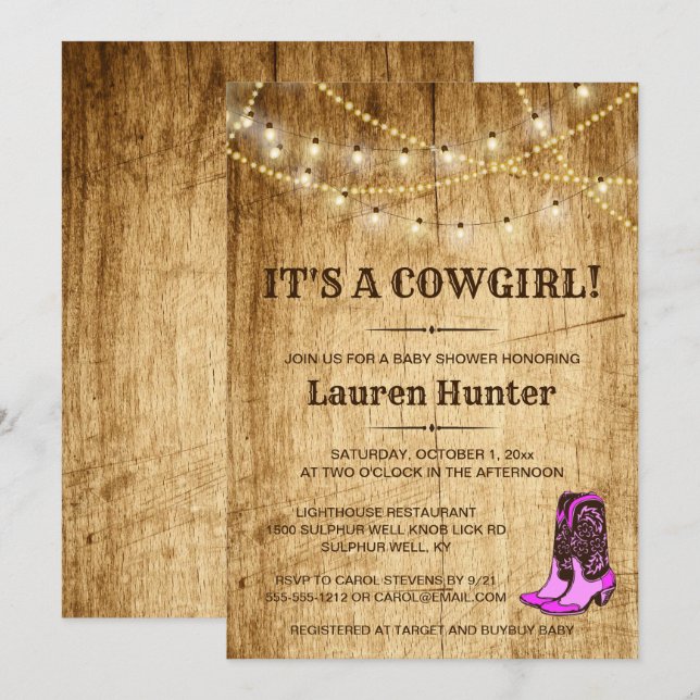 ¡Es una Cowgirl! Invitación a Baby Shower de país (Anverso / Reverso)