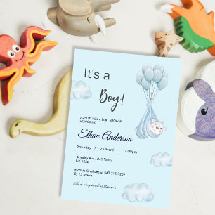 Es una invitación a Baby Shower con globo de oso d