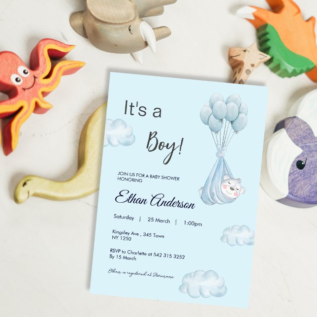 Es una invitación a Baby Shower con globo de oso d (Its a boy bear Balloon Baby Shower Invite)