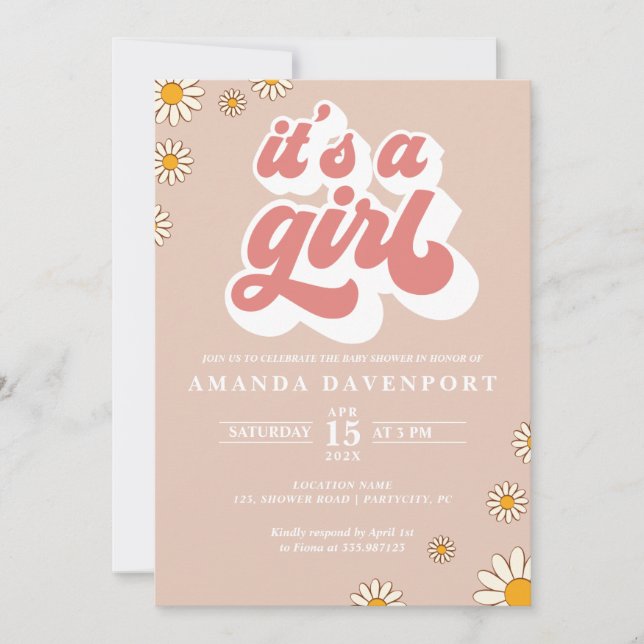 Es una invitación a Baby Shower de chica Groovy (Anverso)